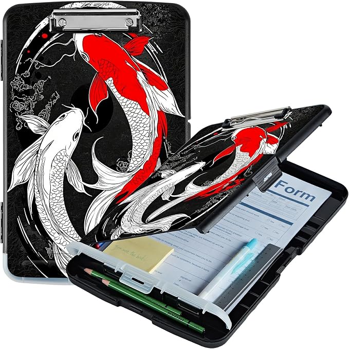 Red White Fish A4 Clipboard with Storage Pen Holder, Clipboards Organizer Nursing Clipboard Foldable File Folder Plastic Clipboard Folio Clip Board for Office Students Classroom Doctor
