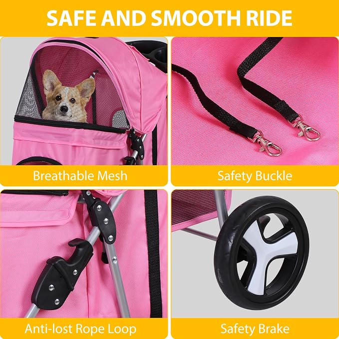LEMY Foldable Pet Stroller,3 Wheels Cat/Dog Stroller with Weather Cover for Small/Medium Dogs and Cats,Pink Pet Strolling Cart with Storage Basket and Cup Holder