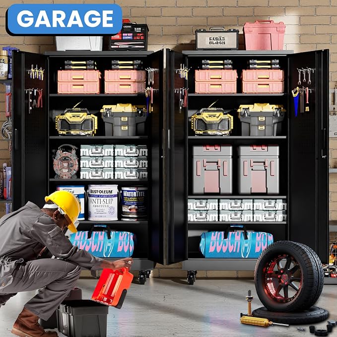 Metal Storage Cabinet for Garage, Tool Cabinet, Utility Cabinet | with Wheels, Tall Tool Cabinet, Lockable, 2 Doors, 4 Adjustable Shelves, Pegboard, Assembly Required, Black