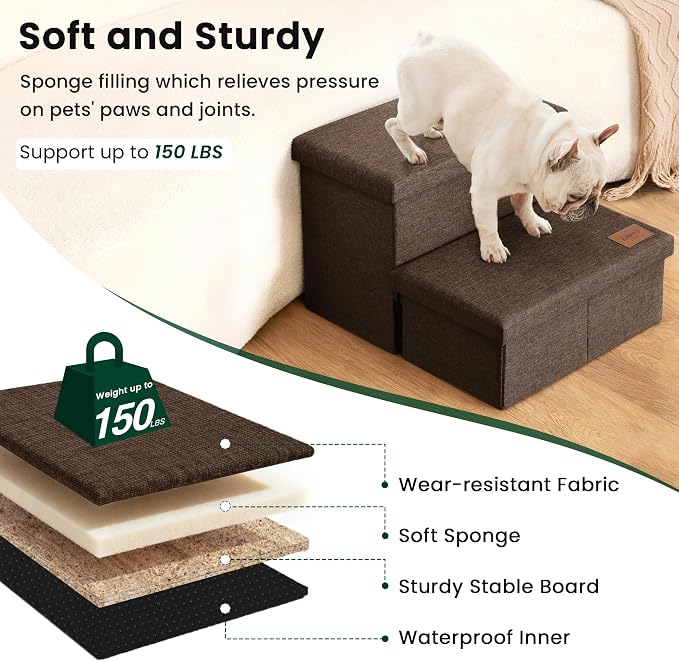 Love's cabin Dog Stairs for High Bed, Foldable Pet Stairs for Small Medium or Large Dogs Puppy with Storage for Bed or Couch, Cat Dog Steps Ramp with Zip up to 200 lbs, Coffee, 2 Steps