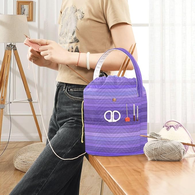 Tatenale Crochet Bag Yarn Bag Knitting Project Bag with Pockets and Handle Portable Yarn Storage Organizer Tangle Free 8.3x11 InchPurple Stripes12