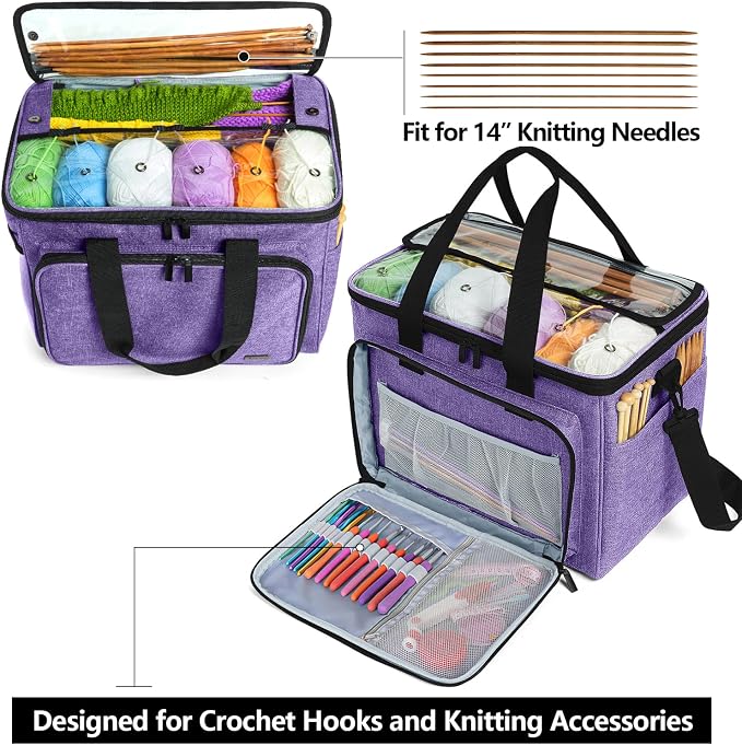 Teamoy Knitting Bag, Yarn Storage Organizer Crochet Bag Tote, Purple | Yarn Holder with Inner Divider(Sewn to Bottom) for Crochet Hook, Knitting Needles(Up to 14"), Project and Crocheting Supplies