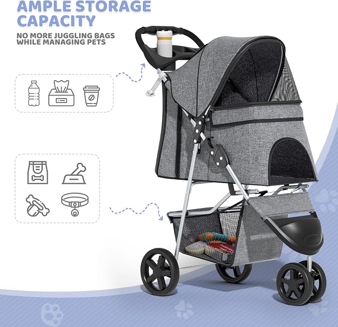 Magshion 3-Wheel Pet Stroller for Small/Medium Dogs & Cats, Up to 33lbs | Foldable Travel Jogger w/ Breathable Mesh Cover, Lightweight Design, Safety Tethers, Cup Holder & Storage Basket