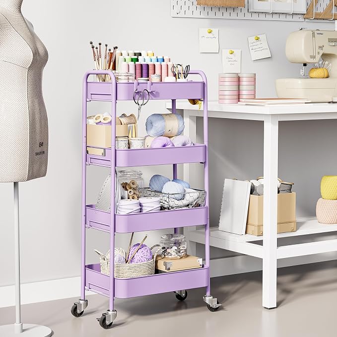 TOOLF 4 Tier Metal Rolling Cart, Utility Storage Cart with Wheels, Purple | Screwless Assembly, Lockable Metal Wheels, Trolley Organizer for Bathroom, Kitchen, Office, Dorm, Laundry, Craft Room