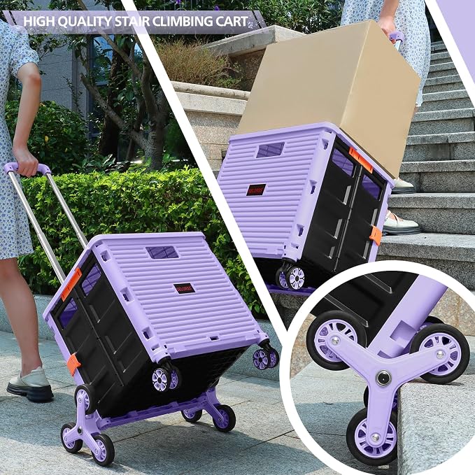 Foldable Utility Cart Collapsible Crate Rolling Carts with Stair Climbing Wheels Rolling Tote Basket Teacher Cart with Lid Wear-Resistant 360°Rotate Wheel Noiseless for Shopping Grocery Office