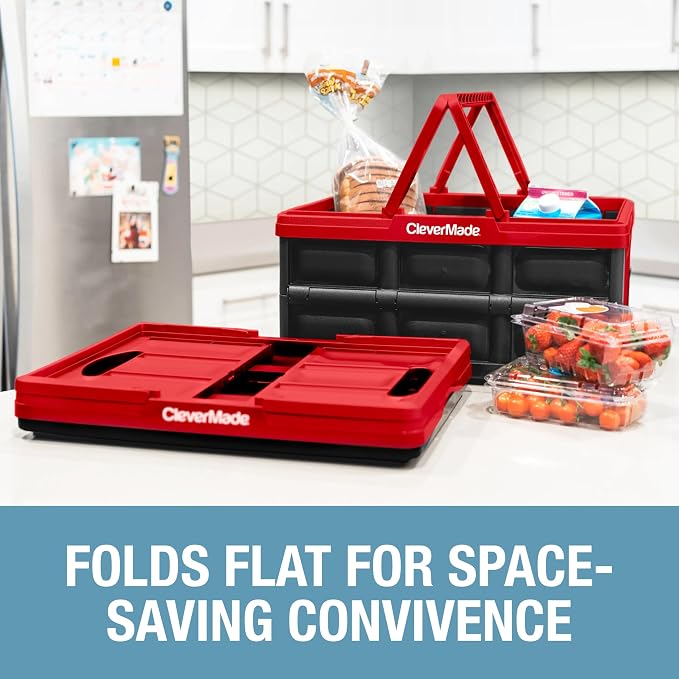 CleverMade Collapsible Shopping Basket, 32L Storage Crate, 1 Pack, Red | Carry Bigger Grocery Hauls with Confidence | Rigid Walls Hold 35 lb, While Top and Side Handles Balance the Load
