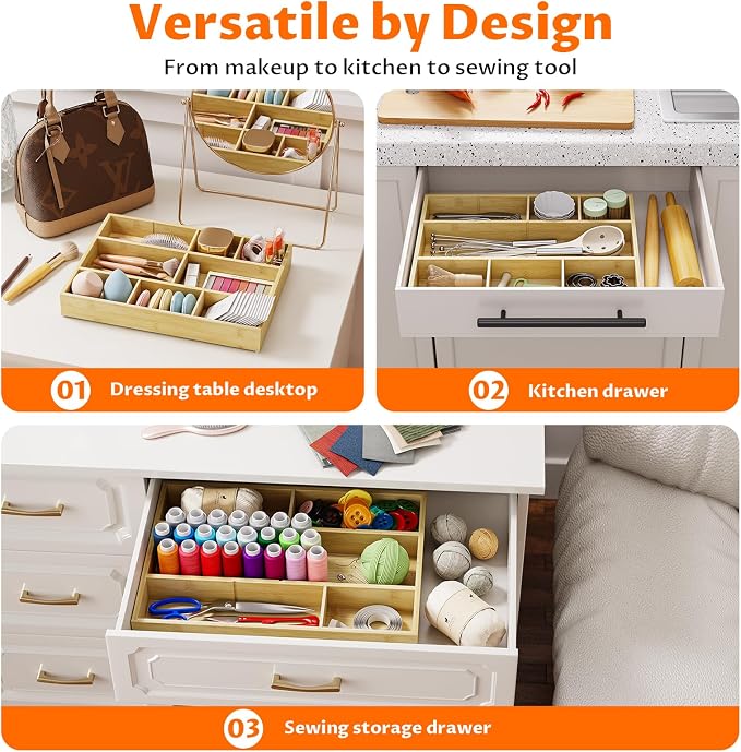 Bamboo Drawer Organizer with 9 Adjustable Compartments, Desk Storage Tray | Natural Bamboo, Flexible Modular Trays, Water-Resistant, Adjustable, Excellent Organization, Easy to Clean, Non-Slip Design