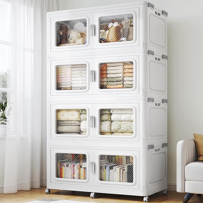 BROVIEW 880 Qt Extra Large Stackable Storage Bin with Lids, 4 Pack White | 220Gal Extra Large, Collapsible Storage Boxes with 4 Lids, Folding& Rolling Plastic Drawer, Heavy-Duty Cabinet Organization