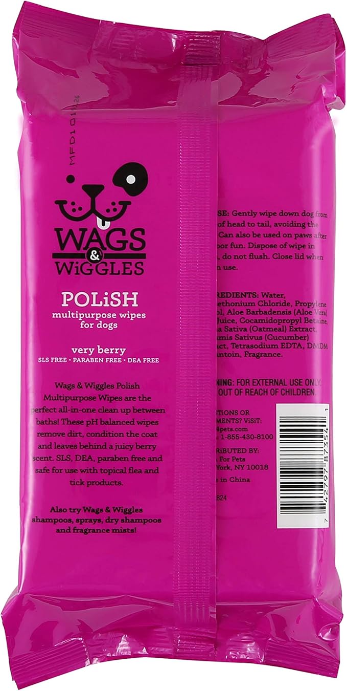 Wags and Wiggles Polish Multipurpose Wipes for Dogs, Very Berry Scent - Scented Wipes that Clean and Condition Your Dog’s Coat Between Baths, Gentle Formula, 100 Count