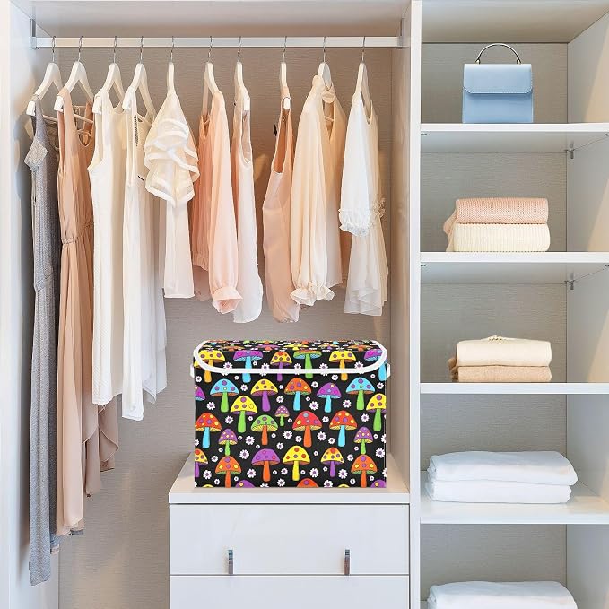 Mushroom Floral Storage Bin Foldable Collapsible Fabric with Lid Handles | Decorative Storage Boxes, 300D Oxford Cloth, Hollow Board Frame, Flip Top Velcro Lid, 16.5x12.6x11.8 inch, Collapsible Design