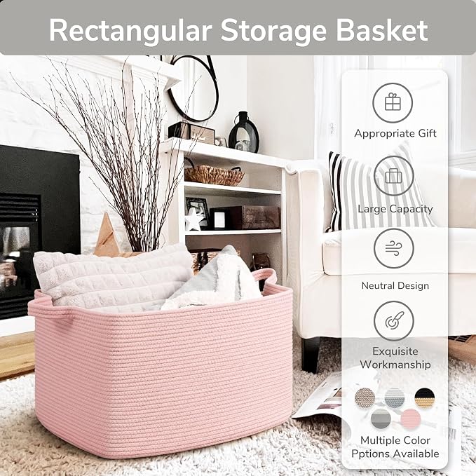 Goodpick Large Woven Rope Blanket Basket, Rectangle, White & Pink | 21.6'' x 14.9'' x 11.8'' Storage Basket for Baby Toys & Kids Essentials, Nursery & Bedroom Organization, Reinforced Handles
