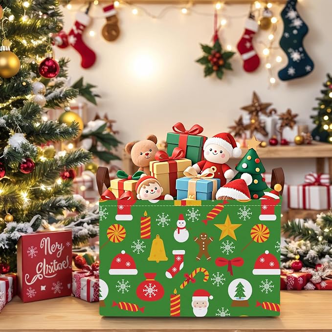 Empty Large Christmas Basket for Gifts Women Collapsible Storage Bin Kids Toy Box Holiday Décor (Snowflake Green)