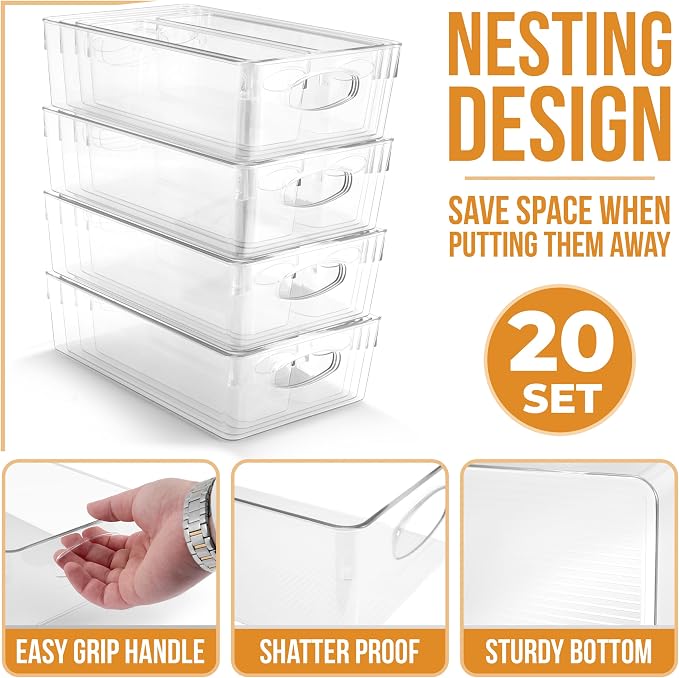 Sorbus Fridge Organizers and Storage, Clear Bins (20 Pack) | Handles support easy access and transport for pantry shelves, freezers, drawers and medicine-cabinet organization.
