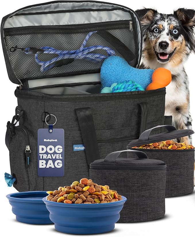 Original Doggy Bag™ Dog Travel Bag for Supplies with Travel Bowls | 2 BPA-Free Collapsible Bowls, 2 Pet Food Containers, TSA-Ready, Road Trips, Camping, Weekend Getaways, Doggy Gift, Charcoal