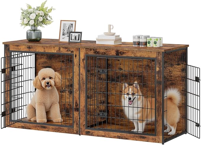 HOOBRO Dog Crate Furniture for 2 Dogs, 63" Large Double Dog Crate Furniture with Divider, Wooden Indoor Kennel TV Stand for Medium Large Dogs, Rustic Brown BF55GW03
