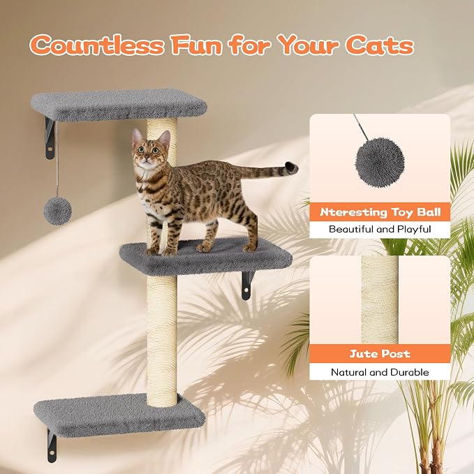 6-in-1 Wall Mounted Cat Climber Set for Heavy Cats,Wall Shelves,Stable & Safe Cat Furniture Set for Large Cats, Wooden Climbing Wall with Scratching Post (Black)