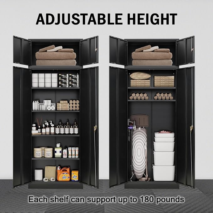 CJF Metal Storage Cabinet, 87 inch Tall Large Locking Cabinet with Top Cabinet, Garage Storage Cabinet with 4 Adjustable Shelves for Home Office, Garage and Utility Room-Black