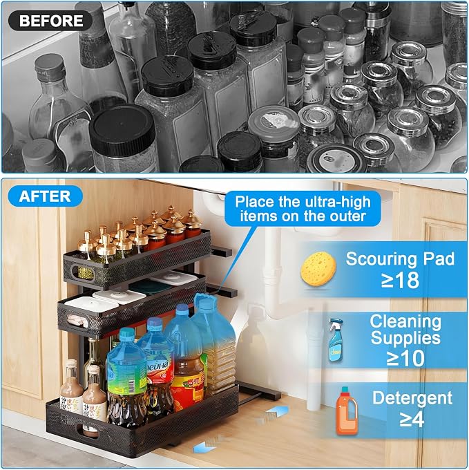 Under Sink Organizer,3-Tier Thickened Metal Pull out Cabinet OrganizerShelf | Height Adjustable Slide out Storage Drawer Rack for under sink organizer bathroom Kitchen,Laundry Room & Pantry