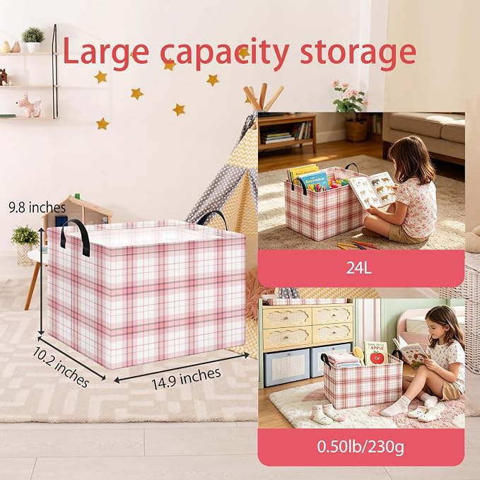 Pink Plaid Waterproof Multipurpose Foldable Storage Cift Basket with Leather Handle,Baby shower,Home,Picnic,Trunk(Pink Plaid)