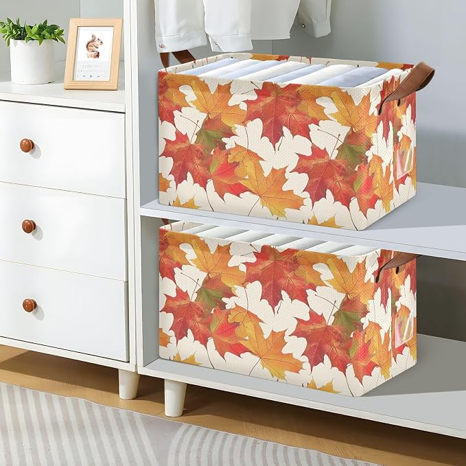 Orange Fall Maple Leaves Beige Storage Bins for Shelves with Labels&Handles Fabric Organizer Bin Foldable Rectangle Storage Basket Boxes for Closet, Bathroom, Home, Living Room