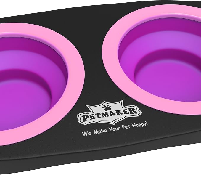 Elevated Cat and Dog Food Bowls with Non-Slip Stand - Removable and Collapsible Silicone Feeder for Food and Water - 16-Ounces Each by PETMAKER (Pink)