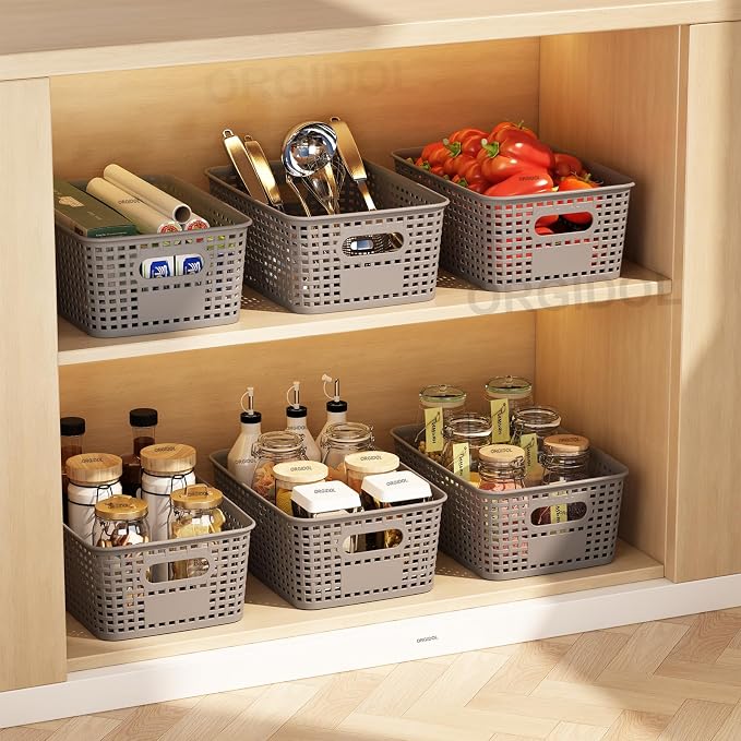 ORGIDOL Plastic Storage Basket with Lids 10 Pack Stackable Storage Bins Containers with Lid, Decorative Storage Boxes for Organizing Shelves, Drawers, Playroom, Classroom, Office, Closet, Grey