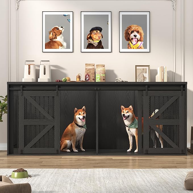 jiteentarou95In Farmhouse Dog Crate TV Stand, Wooden Dog Kennel Furniture with Sliding Metal Mesh Barn Door, Large Dog Crate Furniture for 2 Dogs, Solid Metal Tube & 2 Lockable Doors, Wood Grain Black