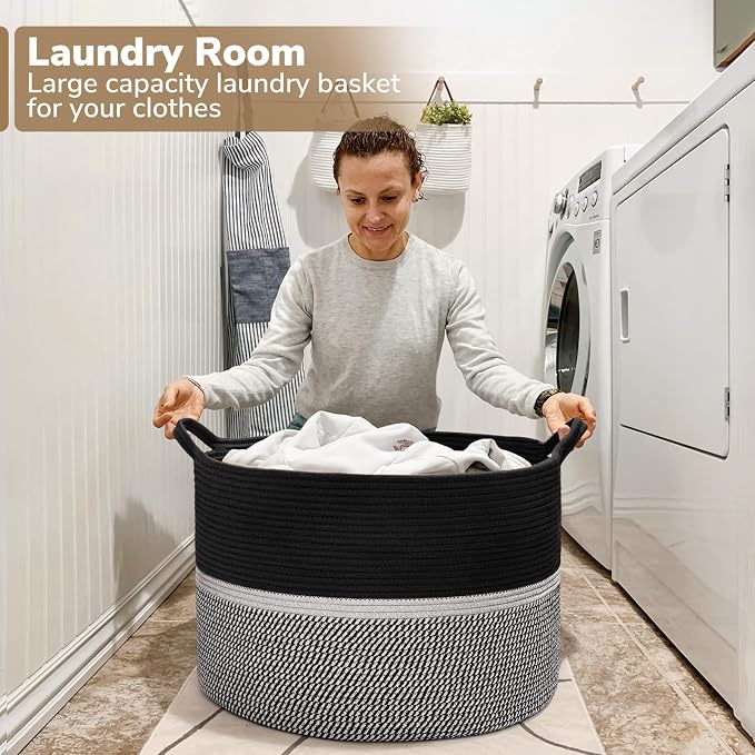 CHICVITA Extra Large Woven Rope Blanket Basket with Handles, Black | Laundry basket for towels, clothes, toys, pillows. For living room, family room, 22x22x14 inches