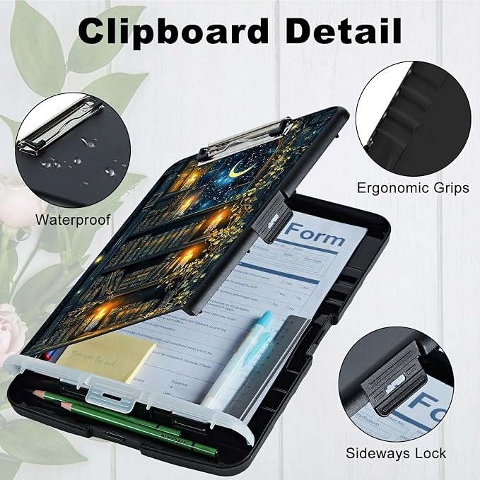 A4 Clipboard with Storage Pen Holder, Clipboards Organizer Nursing Clipboard Foldable File Folder Plastic Clipboard Folio Clip Board for Office Work Classroom Doctor, Vintage Candle Books