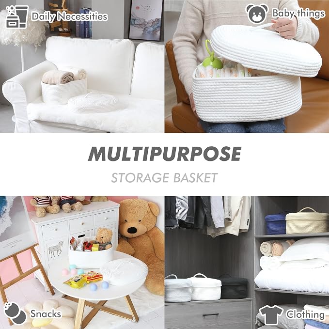 Sea Team Oval Storage Basket, Woven Cotton Rope Basket with Lid, White | Decorative Knitted Storage Bin, Multi-Purpose Lidded Organizer for Closet Shelves, Nursery and Household Storage