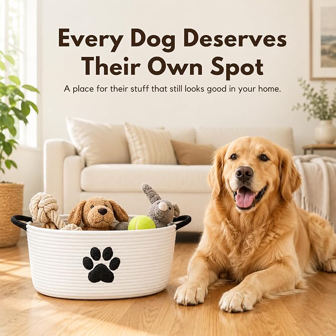 Dog Toy Basket with Handles, Cotton Rope Storage Bin Organizer for Pets | Holds toys, blankets, leashes & dog stuff. Machine washable, collapsible, free-standing woven bin with embroidered paw.
