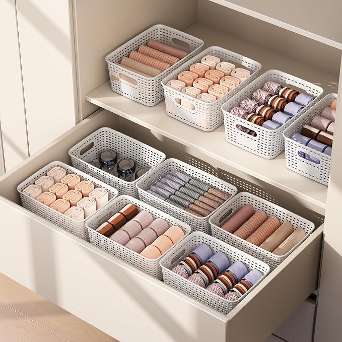 ORGIDOL Plastic Storage Basket with Lids 12 Pack Stackable Storage Bins Containers with Lid, Decorative Storage Boxes for Organizing Shelves, Drawers, Playroom, Classroom, Office, Closet, White