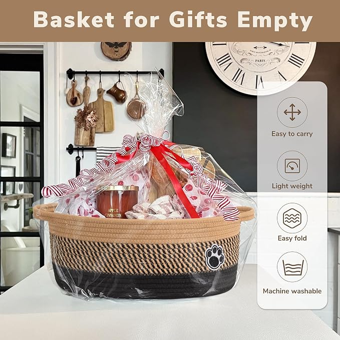 Medium Woven Rope Dog Toy Basket with Paw Print, Black Brown | 13.6"x 10" x 6", Dog Toy Bin & Box With Handles, Gift Basket for Pet Cat, Storage Basket for Baby Shower, Closet, Living Room