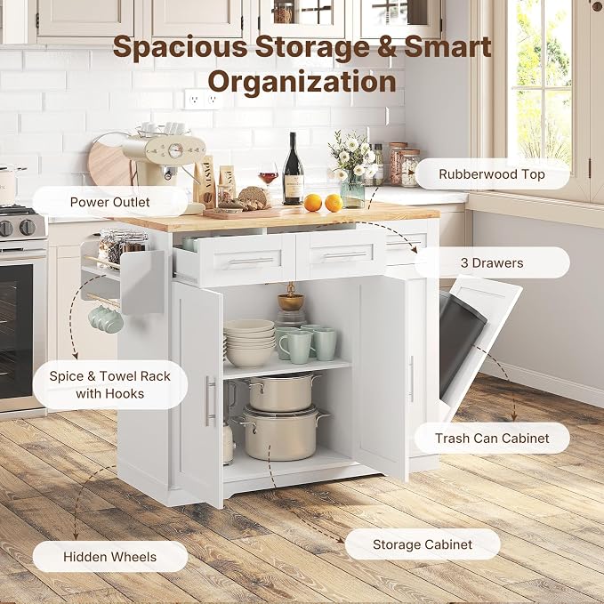 Dripex 41.5'' Kitchen Island with Power Outlet, Trash Cabinet & Storage | Rolling Kitchen Cart with Drop Leaf, Rubberwood Top, 3 Drawers, Mobile Kitchen Island on Wheels for Dining Room, White