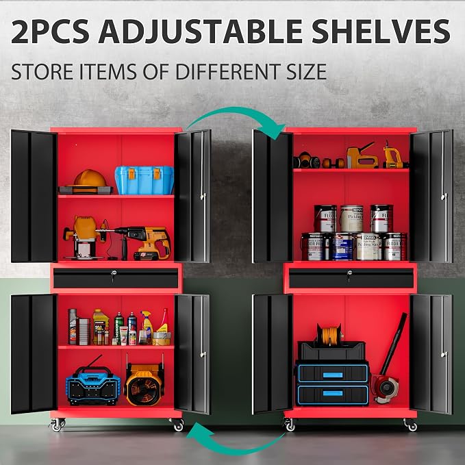 Metal Storage Cabinet with Wheels and Drawer,Rolling Garage Storage Cabinet with Lock,Black Red Metal Cabinets with Wheel,73" Mobile Tall Tool Cabinets on Wheel for Home,Office,Garage,Shop