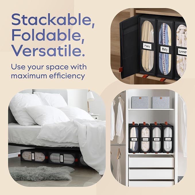 8x Bed Sheet Organizer Storage Boxes with Big See-Through Windows | Bedsheet Organizers Redesigned. Robust Bed Sheet Storage | 15x13x5 Inches Sheet Organizers Containers (Black)