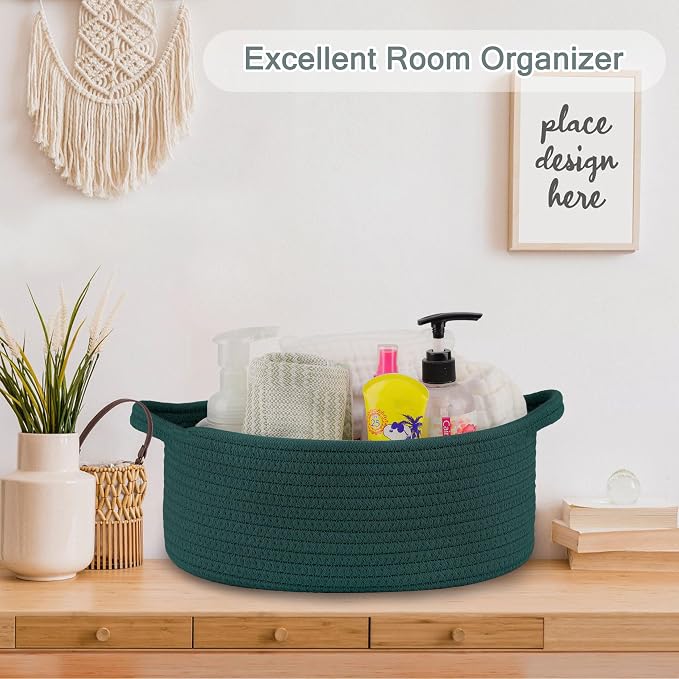 COMSE Empty Small Gift Basket with Bag & Ribbons, Dark Green | Cotton Rope, 12"x 8"x 5", Baby Toy Organizer, Stores Small Items for Bedrooms, Nurseries, Bathrooms, Living Rooms, Offices