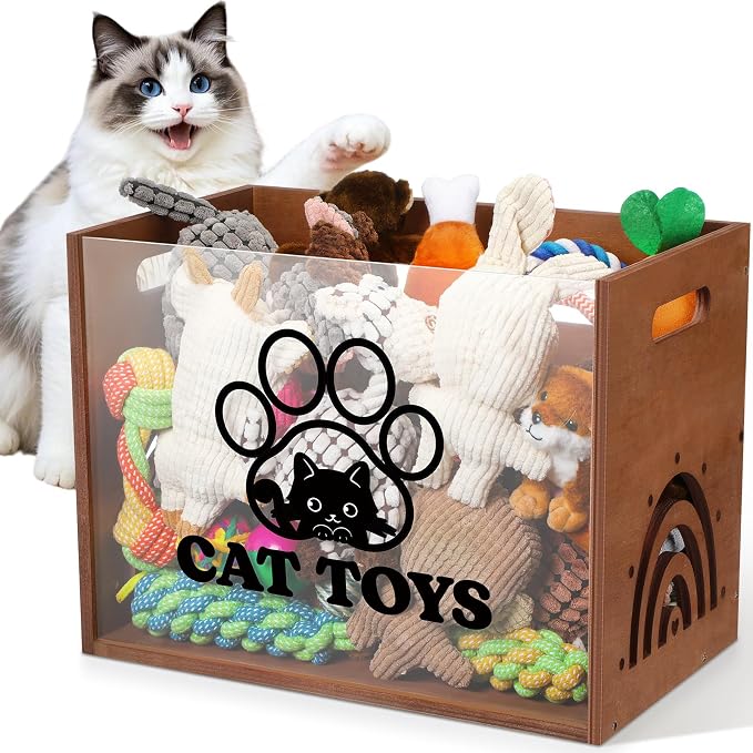 Beeveer Large Cat Toy Basket Cat Toy Box Wooden Storage Bin with Acrylic Board Storage Box for Puppy Toys Pet Food and Accessories Organizer Holder Basket for Living Room Area(Brown, Cat)