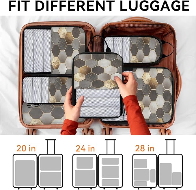 Geometric 6 Set Compression Packing Cubes Gold Expandable Packing Organizer for Travel Accessories Luggage Suitcase Bag