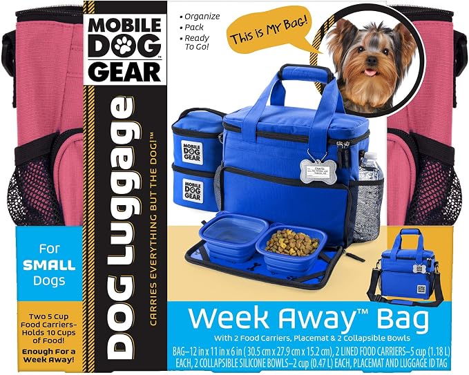 Mobile Dog Gear, Week Away Dog Travel Bag for Small Dogs, Includes Lined Food Carriers and 2 Collapsible Dog Bowl, Pink