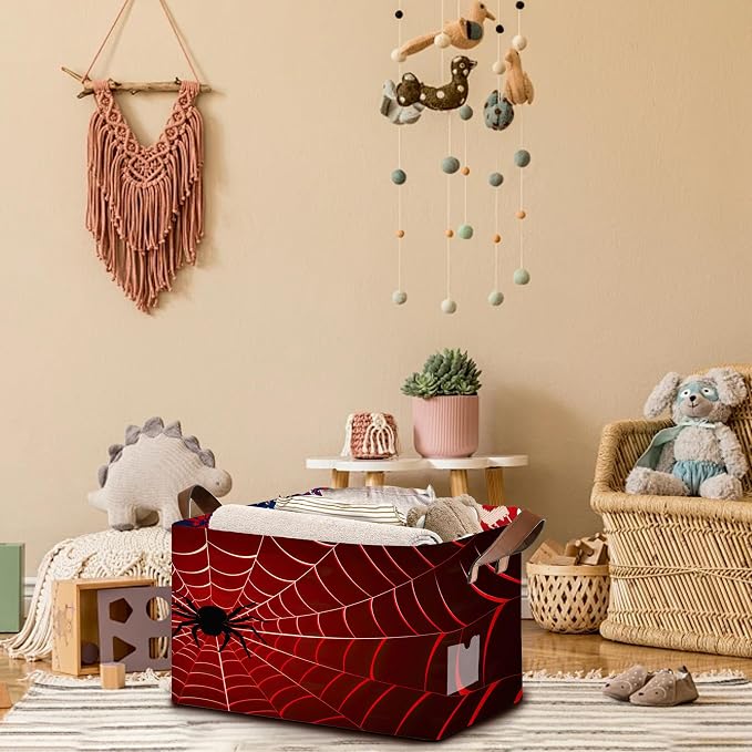 Red Spider Web Pattern Collapsible Box - 17x11.5x10.5 Inch Foldable Organizer for Seasonal Decor, Closet, Under Bed,Halloween Decor, Gothic Storage - Space-Saving Single Pack