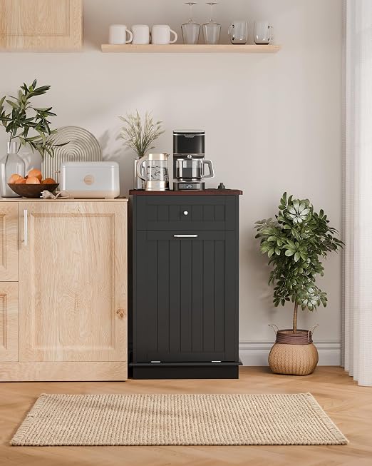 Betterhood Single Tilt Out Trash Cabinet with Power Outlet, Wooden Hidden Garbage Can Holder with a Big Storage Drawers for Kitchen, Living Room, Laundry, Black