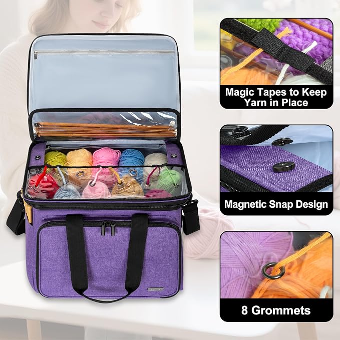 Teamoy Crochet Bag, Knitting Bag Yarn Storage Tote, Yarn Organizer, Purple | Yarn Holder for Crocheting, with Inner Divider and Cover, for Yarn Skeins, Project, Knitting Needles, and Crochet Supplies