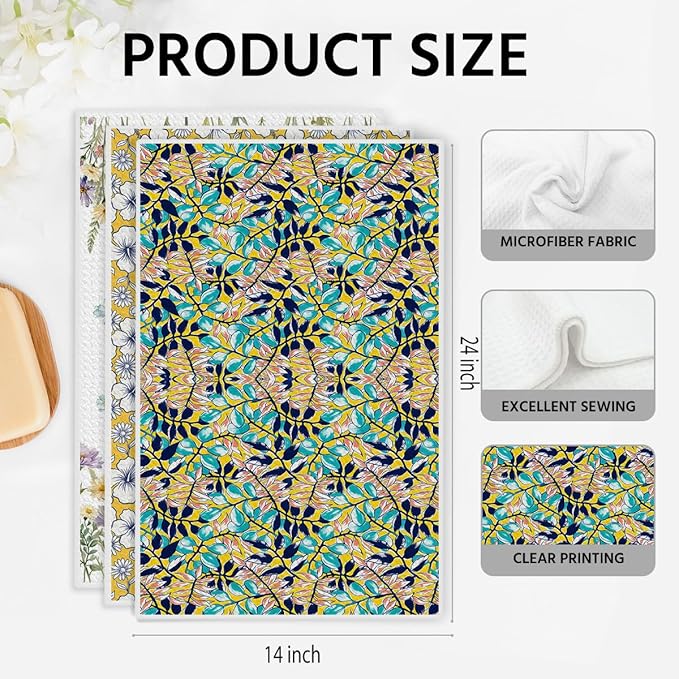 3 Pcs Retro Flower Kitchen Towels, Colorful Flower Soft Absorbent Hand Tea Towel, Microfiber Dish Cloths for Drying Dishes, Waffle Dish Towels for Kitchen Farmhouse Decor, Floral Gifts for Women Mom05