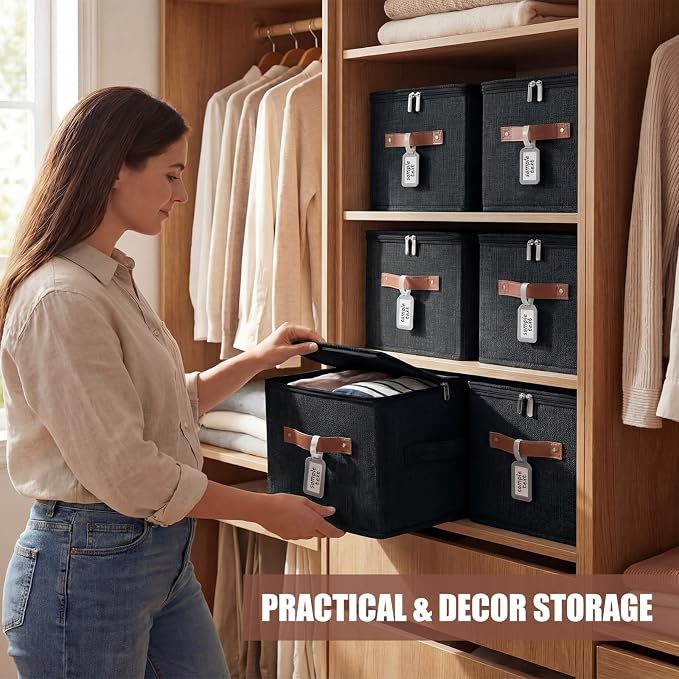 6 Pack Fabric Bins with Lids, 10 x 8 x 7 Inch Fabric Storage Bins with Zipper Lids and Labels, Decorative Foldable Storage Cubes with Handles for Closet Nursery Shelf Organization, Black