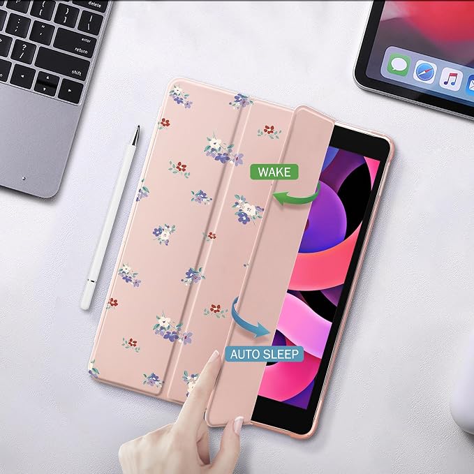 Cute Purple Flower Case for 7.9" iPad mini 4/iPad mini 5, Clear TPU Smart Stand Back Cover with Pencil Holder, Auto Wake/Sleep Foldable Four-Corner Shockproof Protective Case