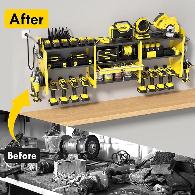 KSVO Large Power Tool Organizer Wall Mount with Locking Drawers, Yellow | Grinder Holder, Hammer & Pliers Rack, 6-Outlet Charging Shelf, Heavy-Duty Metal Storage for Garage & Workshop