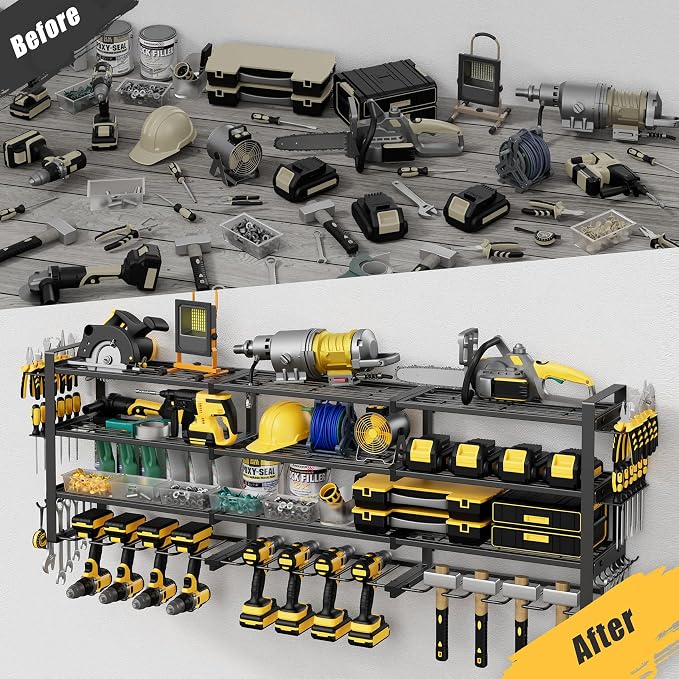 49''W Power Tool Organizer Wall Mount, 650LBS, 4 Tier, 12 Drill Holders | 3-Tube Reinforced Design, Holds 50+ Tools, Cordless Tool Organizer, Rust Resistant, Quick Assembly, Garage Gift for Men