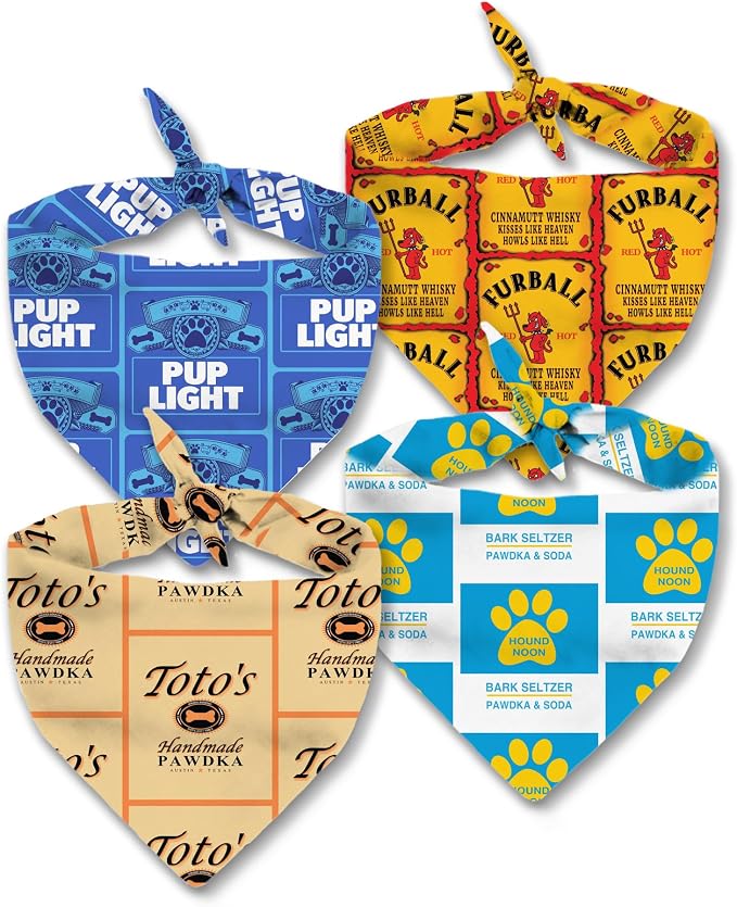 4 Pack Liquor Yappy Hour Dog Bandana Designer Fashion Clothes Scarf kercheif for Small and Large Dogs. Funny Parody Gift for Girl or boy Dog Soft Durable Fabric, Adjustable tie-on Style Triangle