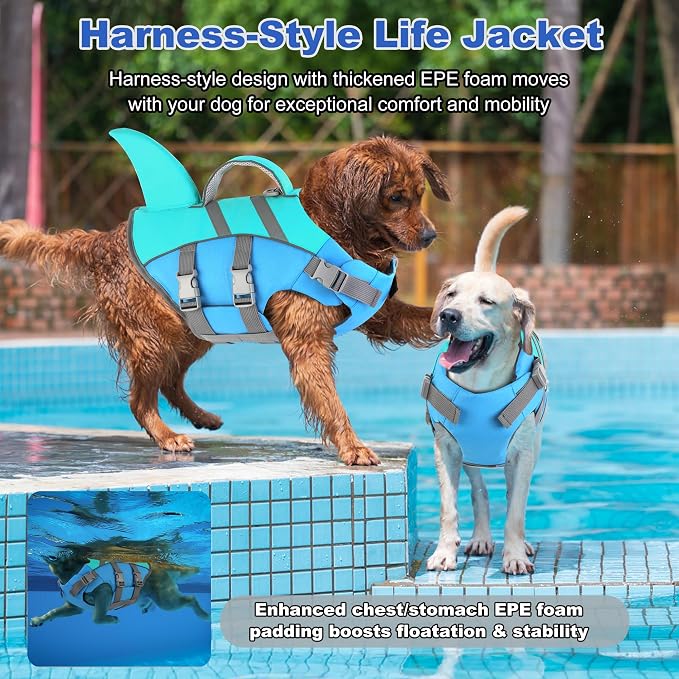 Dogcheer Harness-Style Dog Life Jacket Shark, Dog Life Vest - Pine Grn,M | Reflective Puppy Swim Vest for Swimming Boating, High Buoyancy Adjustable Dog Water Vest for Small Medium Large Dogs